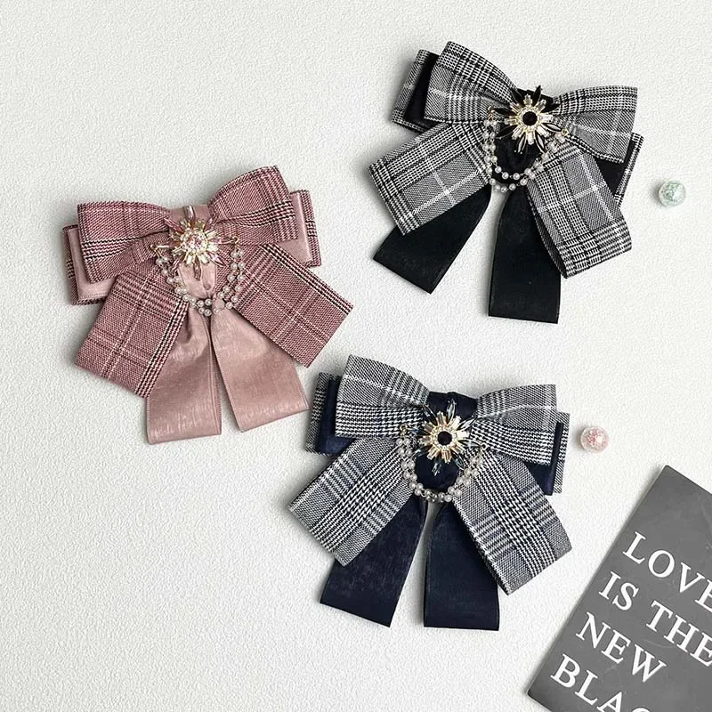 Fashion Bow Tie Fabric Plaid Double Bow Women's Shirt Collar Accessory Pearl Crystal Collar Brooch Apparel Accessories