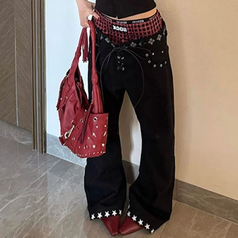 

New American contrasting double waist splicing drawstring print retro women jeans fashionable high street casual floor jeans