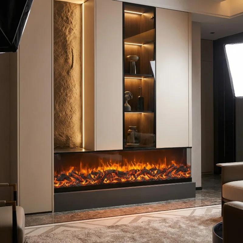 3 Sides View Flame Electric Fireplace Insert Remote Control LED Light Metal Construction Freestanding Household Hotel Use