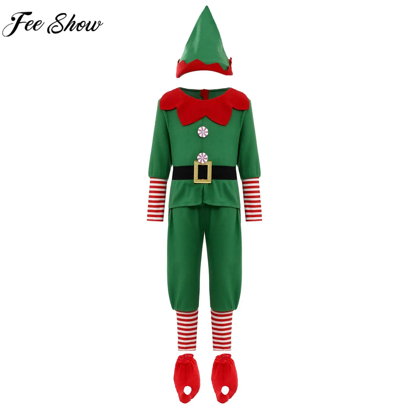 Kids Christmas Elf Cosplay Performance Costume Long Sleeve Top Pants with Hat Belt Shoes Covers for Xmas Carnival Theme Party