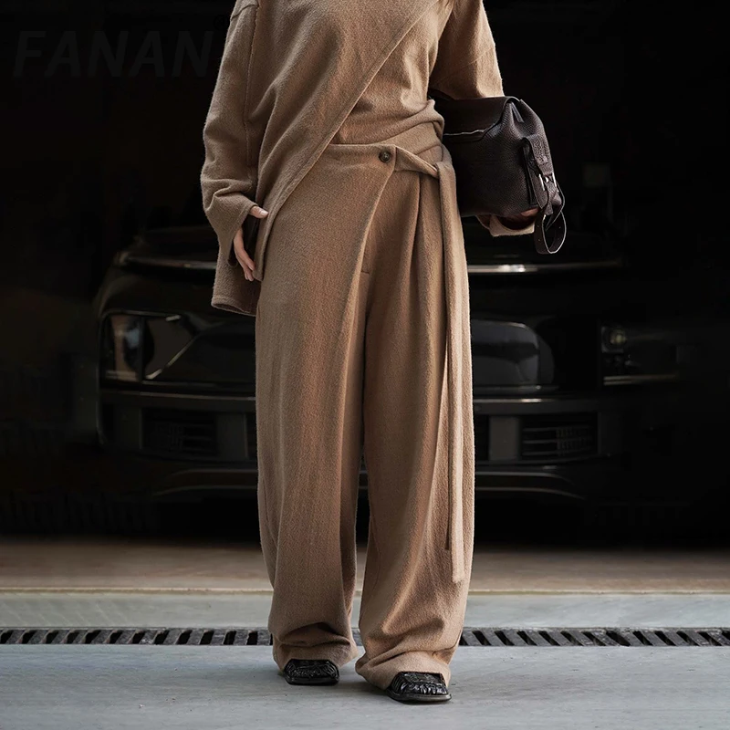 

FANAN нерегулярный дизайн, брюки со сборкой на талии, женские прямые офисные женские брюки с высокой талией, модные брюки Tide, новинка осени 2023 г.