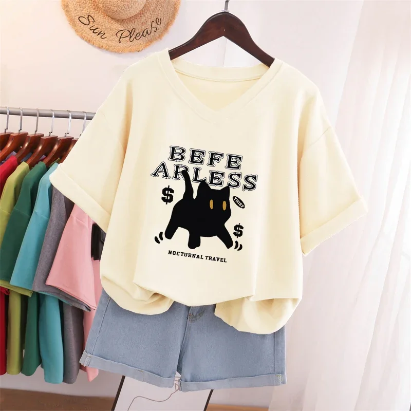 EBAIHUI 100% Cotton L-5XL T Shirt Plus Size Tshirt Short Sleeve Cartoon Women Top Summer 2023 Couple V Neck Oversized T Shirts