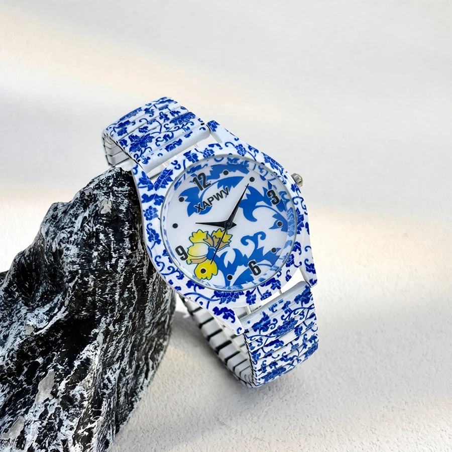 Watch for Men & Women: Blue & White Porcelain Dial Elastic Strap Matching Couple's Set