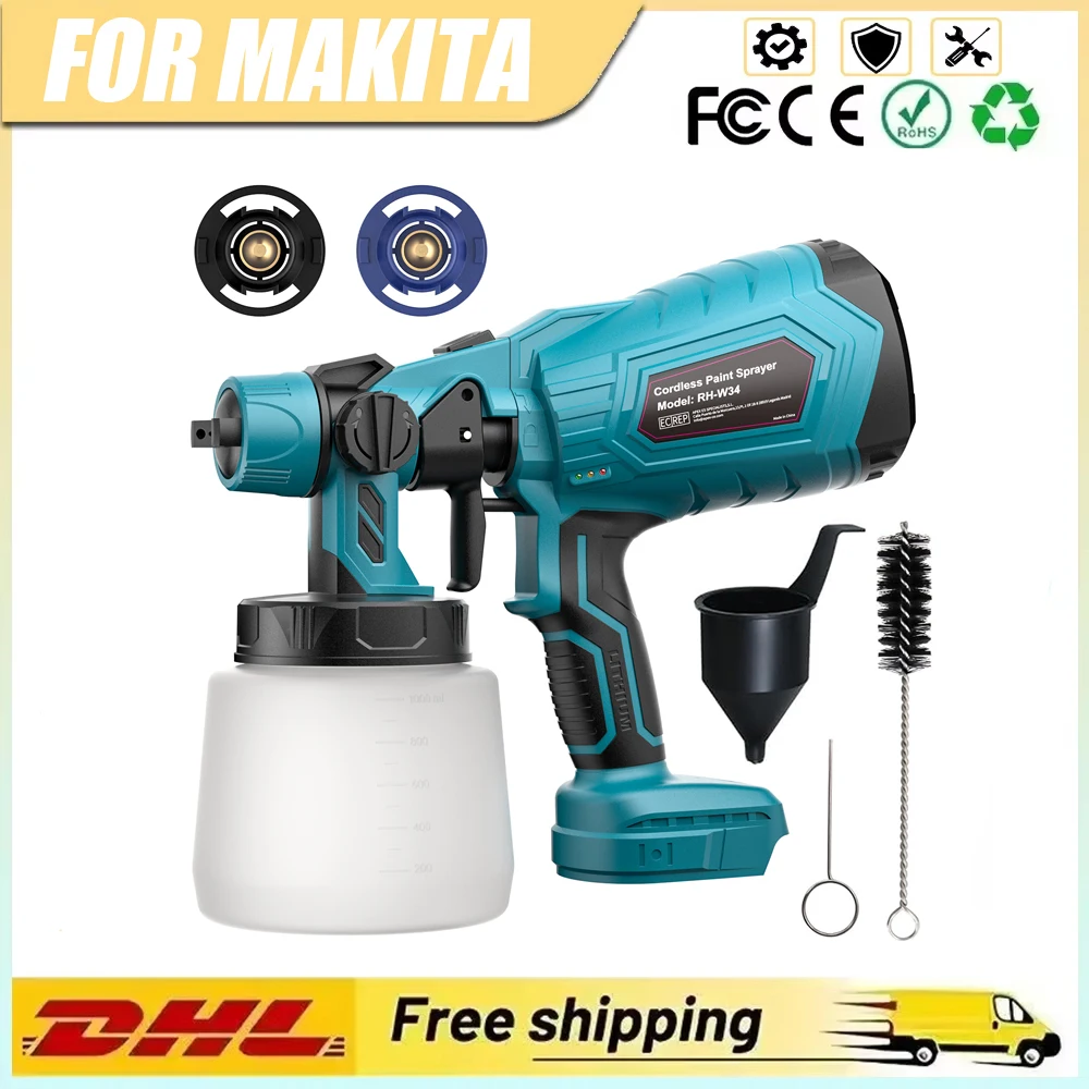 Pistola a spruzzo elettrica per verniciatura a batteria Makita 18V, 1000ML, 350W, pistola a spruzzo HVLP, 3 modalità di spruzzo per la verniciatura di mobili in legno e pareti