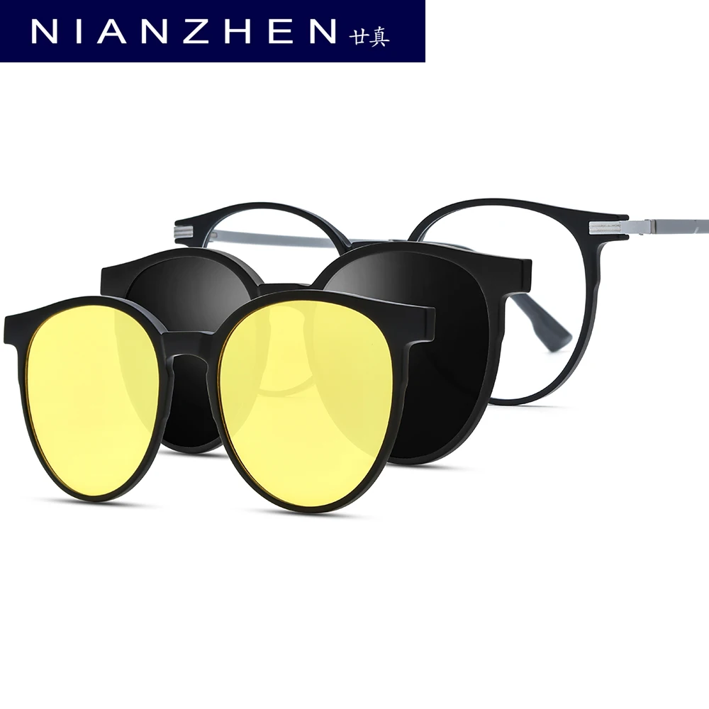 NIANZHEN TR90 Alloy Glasses Frame Men Round Magnet Clip Eyeglasses Night Vision Polarized Lens Women Ultralight Eyewear 9016