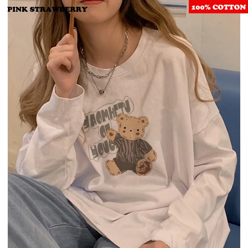 Cute Cartoon Dog Print T-shirt Women Autumn 2025 New 100%Cotton Oversize White Long sleeved Loose T-shirt Y2k Top kawaii clothes