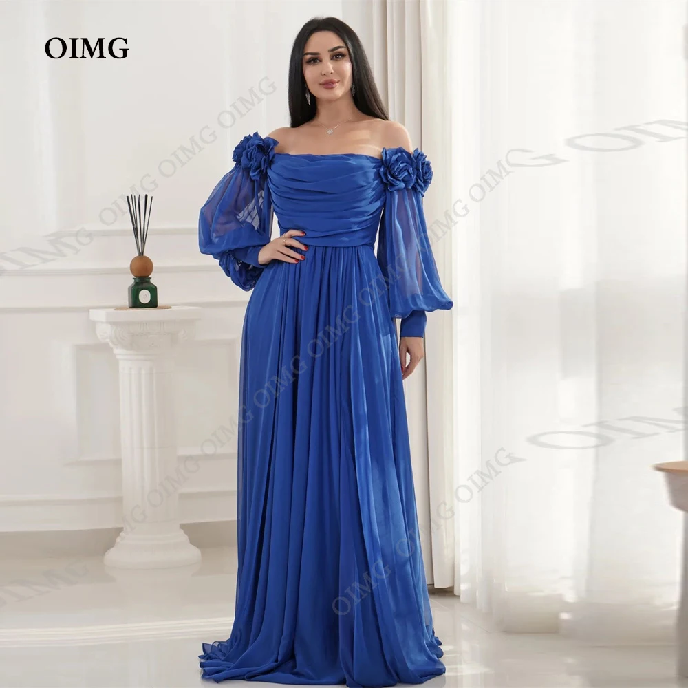 OIMG Royal Blue Chiffon Long Sleeves Evening Dresses Saudi Arabric Gogerous Prom Dresses Flower Prom Gowns Formal Occasion