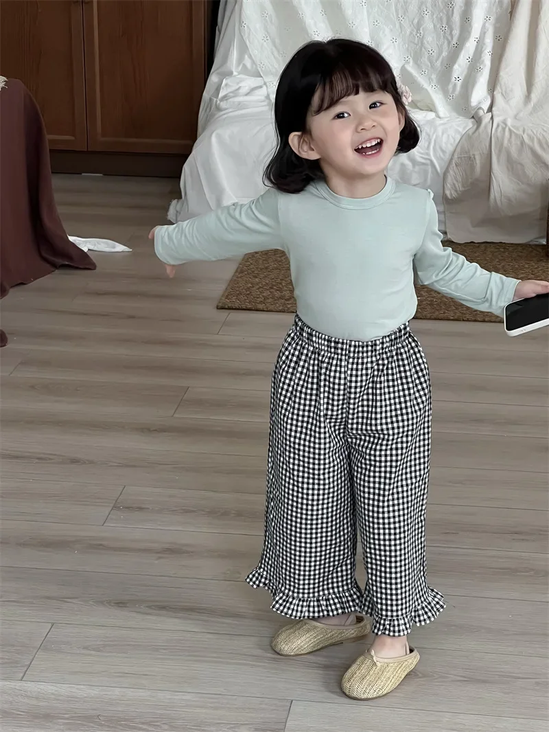 Lace Plaid Pants 2025 Spring and Summer New Korean Simple Fashion Casual Plaid Lace Pants Kids Clothes - Image 3