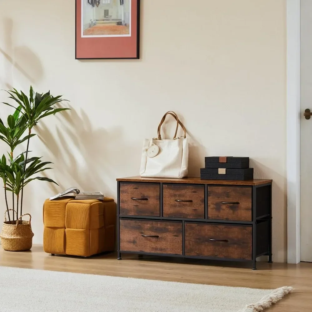 

Organizer Storage 5, Chest of Drawers with Fabric Bins, Long Dresser with Wood Top for Bedroom, Closet, Entryway, Rustic Brown