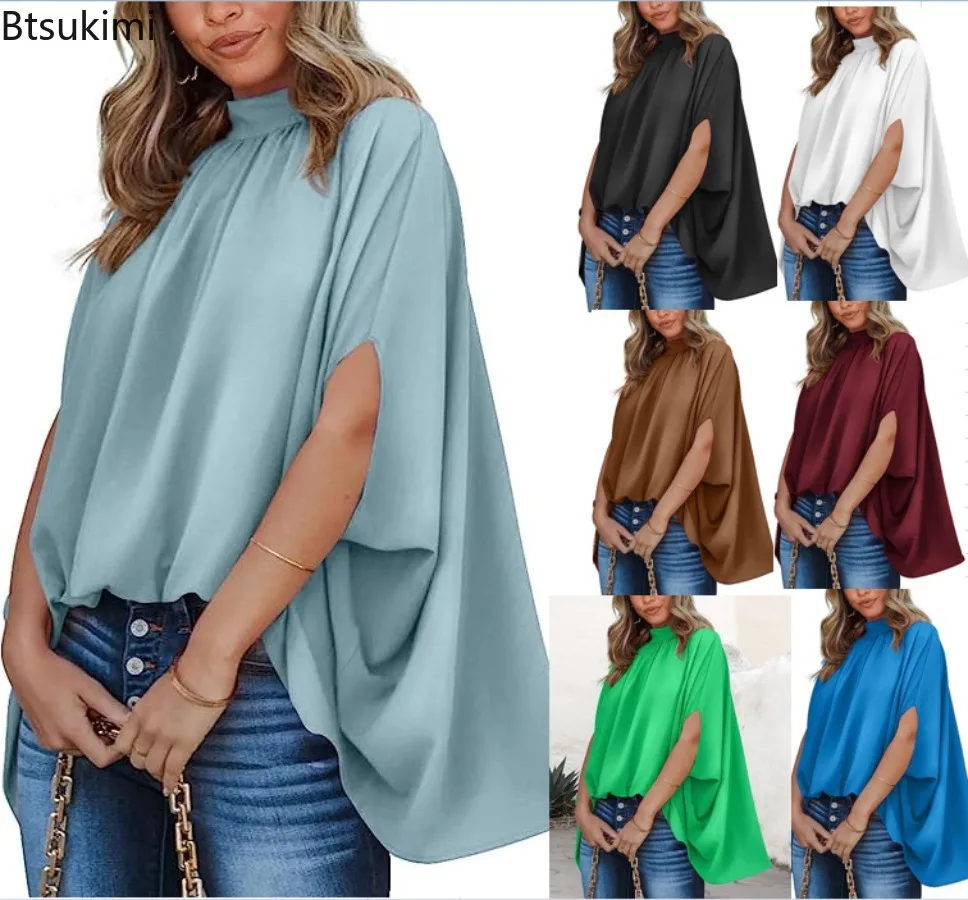 2024 New Women's Elegant Blouses Summer Fashion Casual Loose O-neck Lace Up Pullover Ladies Solid Batwing Sleeve Tops Streetwear