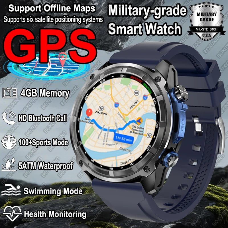 

New GPS Military Smart Watch Men Offline Maps 4GB Memory 5ATM Waterproof Compass Video Player 860 mAh Swimming Sports Smartwatch