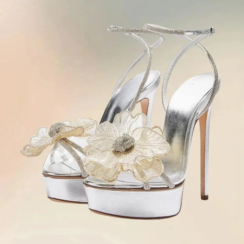 

Crystal Knot White Mesh Appliques Sandals Buckle Strap Women Shoes Thin High Heels Open Toe Party Feast 2025 Zapatos Para Mujere