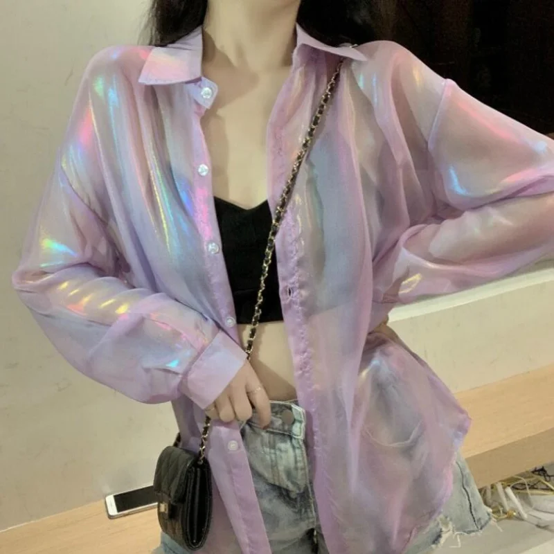 Camicie Donna Sottile Estate a prova di sole Capispalla quotidiano Manica lunga Chic Estetico Glitter Ins Harajuku Design Allentato Ulzzang Novità