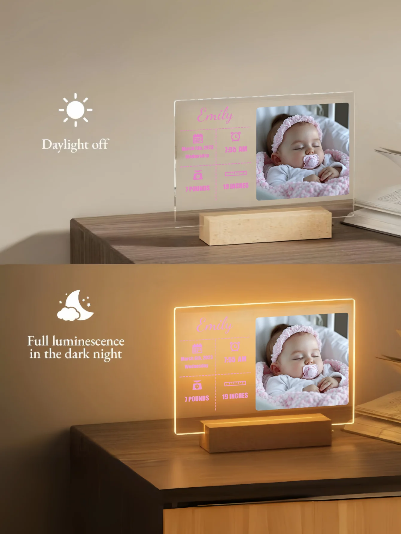 1PC Customized Baby Collage Photo LED Night Light, Personalized Acrylic Night Light With Photos And Text
