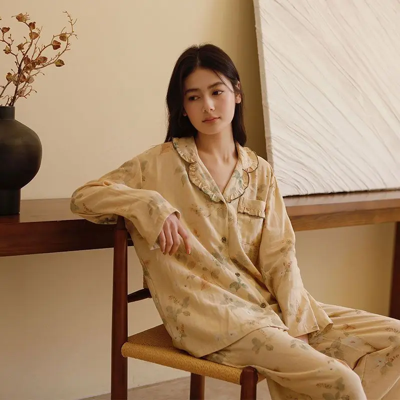 Combed Cotton Double Gauze Pajama Set Women Ruffled Lapel Floral Print Soft Skin Friendly Wash Softer Vintage Home Clothes