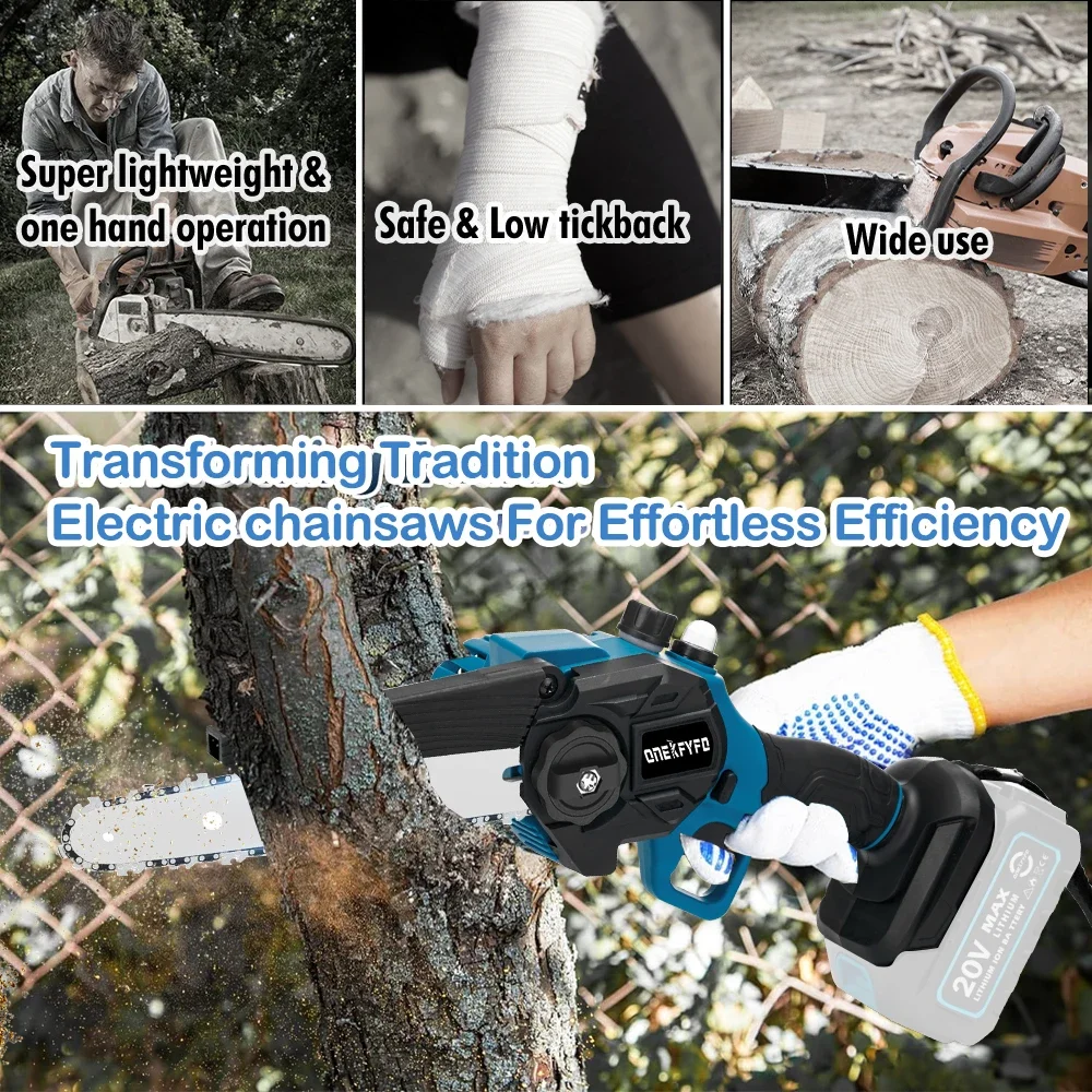 ONEKFYFD Cordless Chainsaw 8 Inch Power Chain Saws with Oil Spray Rechargeable Cutting Tree Trimming for Makita 18V Battery