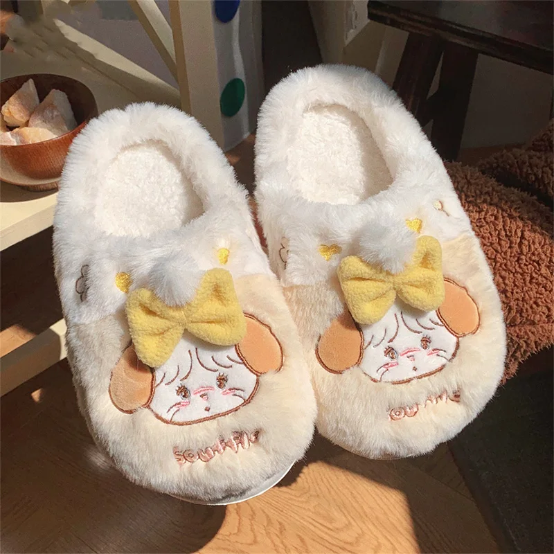 Mikko Souffle Mousse Latte Cartoon Plush Slippers Winter Cherry Bear Soft Furry Warm Shoes Women'S Warm Slippers Xmas Gift