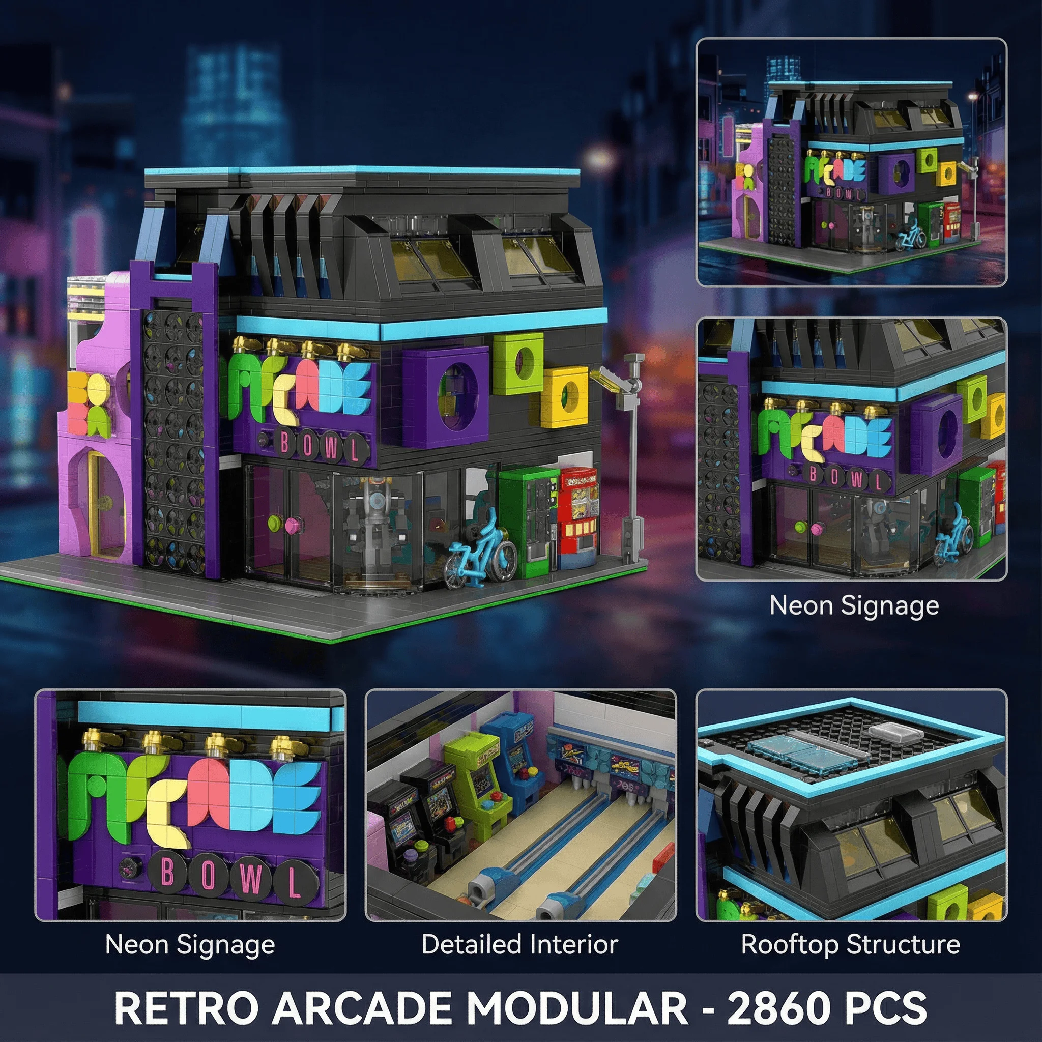 Arcade Room Cyberpunk Building With Lighting City Architecture Modular Building Blocks Assembly Model Kit Adults Gifts 2600PCS