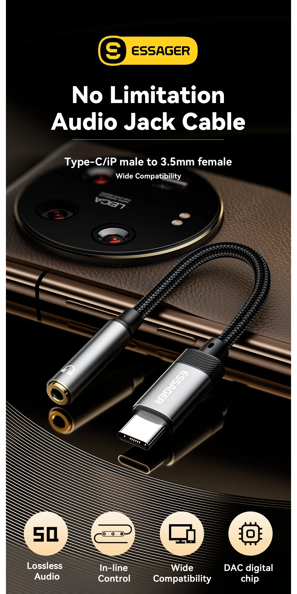Essager Typ-C-auf-3,5-mm-Klinken-AUX-Kabel für iPhone 15, Samsung, MacBook, Lighting-auf-3,5-mm-Kopfhörer-Audioadapter für iPhone 14, 13 – Detail 3