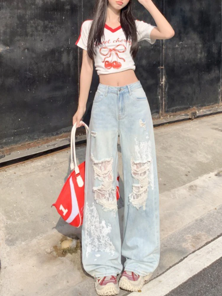 Vintage Y2K Harajuku Lace Ripped Jeans Women Low Rise Light Wash Wide Leg Denim Pants 2025 Summer Retro Grunge Girl Trousers