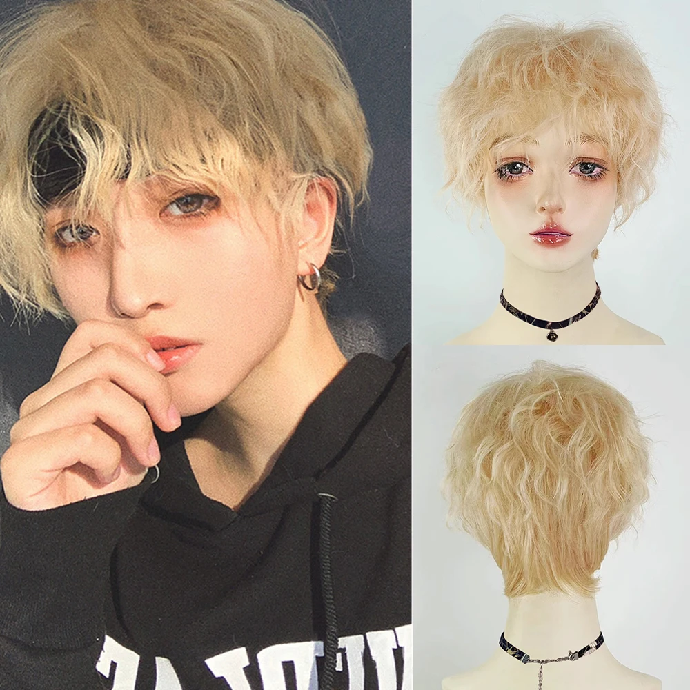 

Synthetic Short Wavy Curly Blonde Men Wig Cosplay Fluffy Hair Heat Resistant Wig for Daily Party