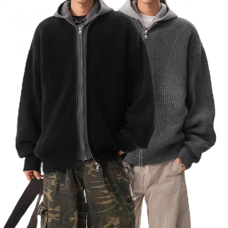 

Plus Size Fake Two-Piece Hooded Knit Sweater Cardigan for Men Autumn Winter