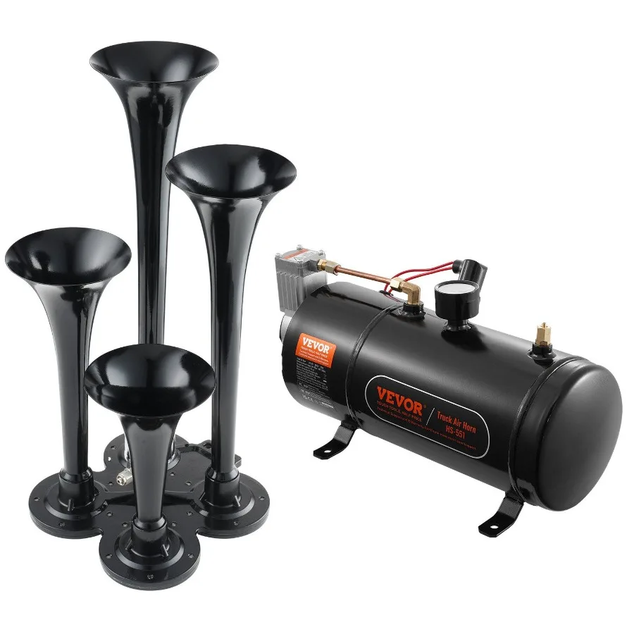 

Train Horns Kit 4 Trumpet Air Horn Kit 150dB Train Horns for Pickup Trucks 12V 120 psi Air Compressor 0.8 Gal 3 L Tank with Ga