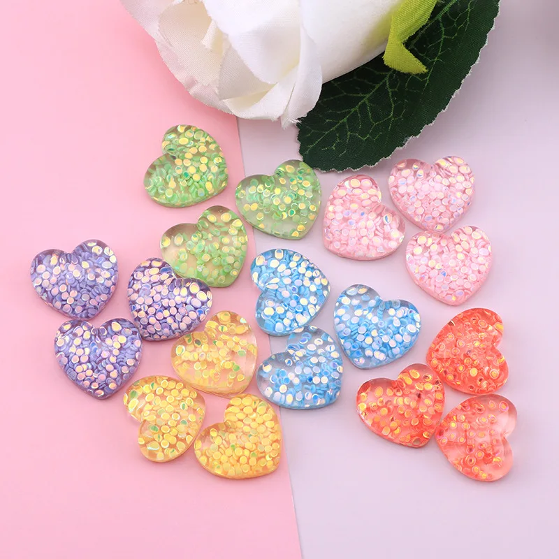 20pcs New Glitter Hearts Resin Flatbacks Cabochons Colorful Shiny Heart Shape Buttons for Girls Bow Center Decoration Accessory