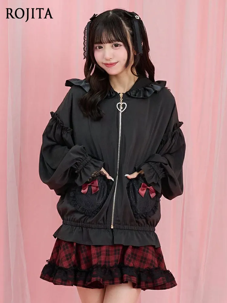 Weet Lolita Bunny Ear Hooded Sheer Jacket Lace Heart Pocket Ruffle Long Sleeve Zip Up Coat Lantern Sleeve Hooded Thin Jacket