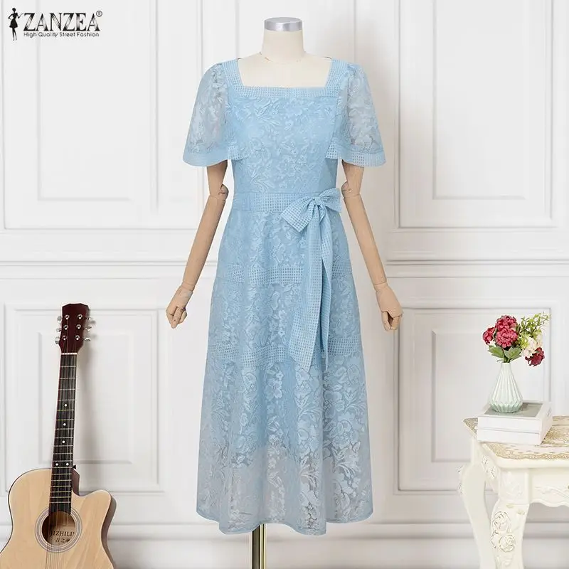 ZANZEA Spitzen-Sommerkleid für Damen, einfarbig, A-Linie, Vintage-Stil, quadratischer Ausschnitt, Vestidos, kurze Puffärmel, modisch, Party, Freizeit, Robe Femme