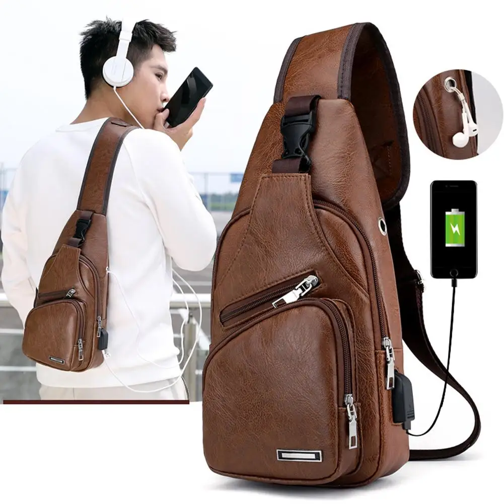 Men USB Charging Chest Bag Travel Hiking CrossBody Bag Male Messenger Bag For Men Leather Chest Pack Sling Bag P7I1