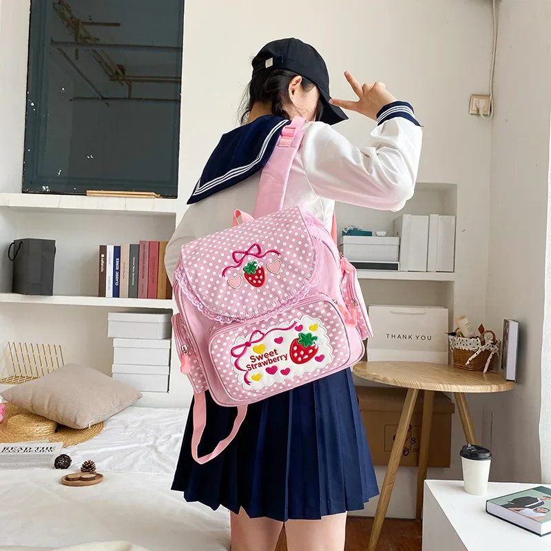 Japanese Schlool Bags Backpack Kids Cute Soft Girl Sweet Lovely Embroidered Fruit Strawberry Lace Girl Student Schoolbag Girl