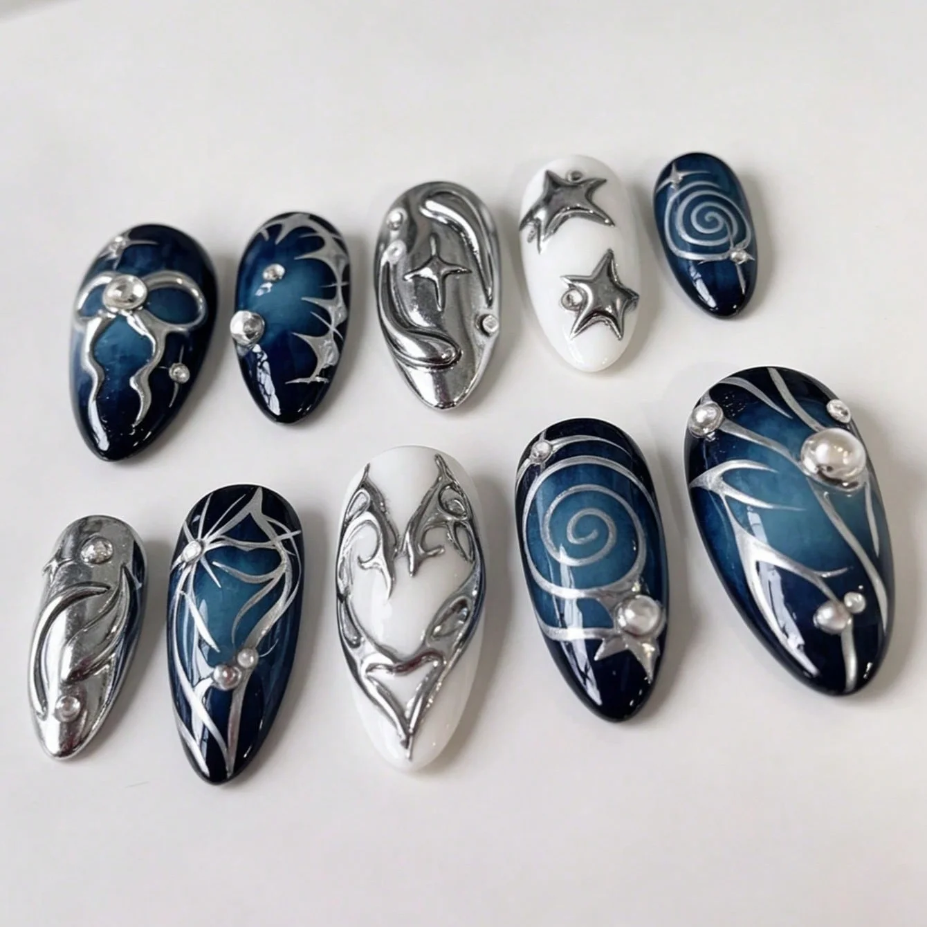 10Pcs Handmade Acrylic Press On Nail Set, Long Almond Mirror Glossy Dark Blue Nails, Retro Y2K Goth Nails, Fake Nails, Summer image 2
