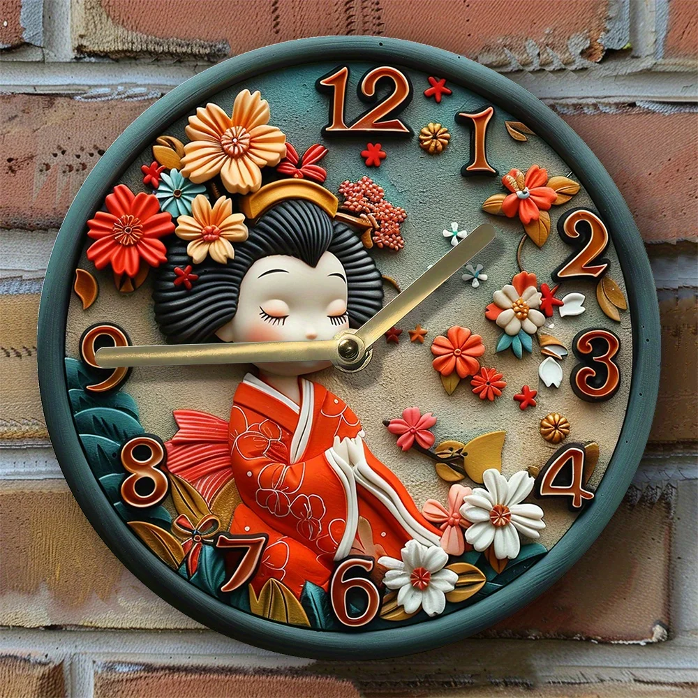 Japanese Kimono Themed DIY Wall Clock Kit with 2D Floral Art,Silent Movement,Craft Set for Home Decoration and Mother's Day Gift