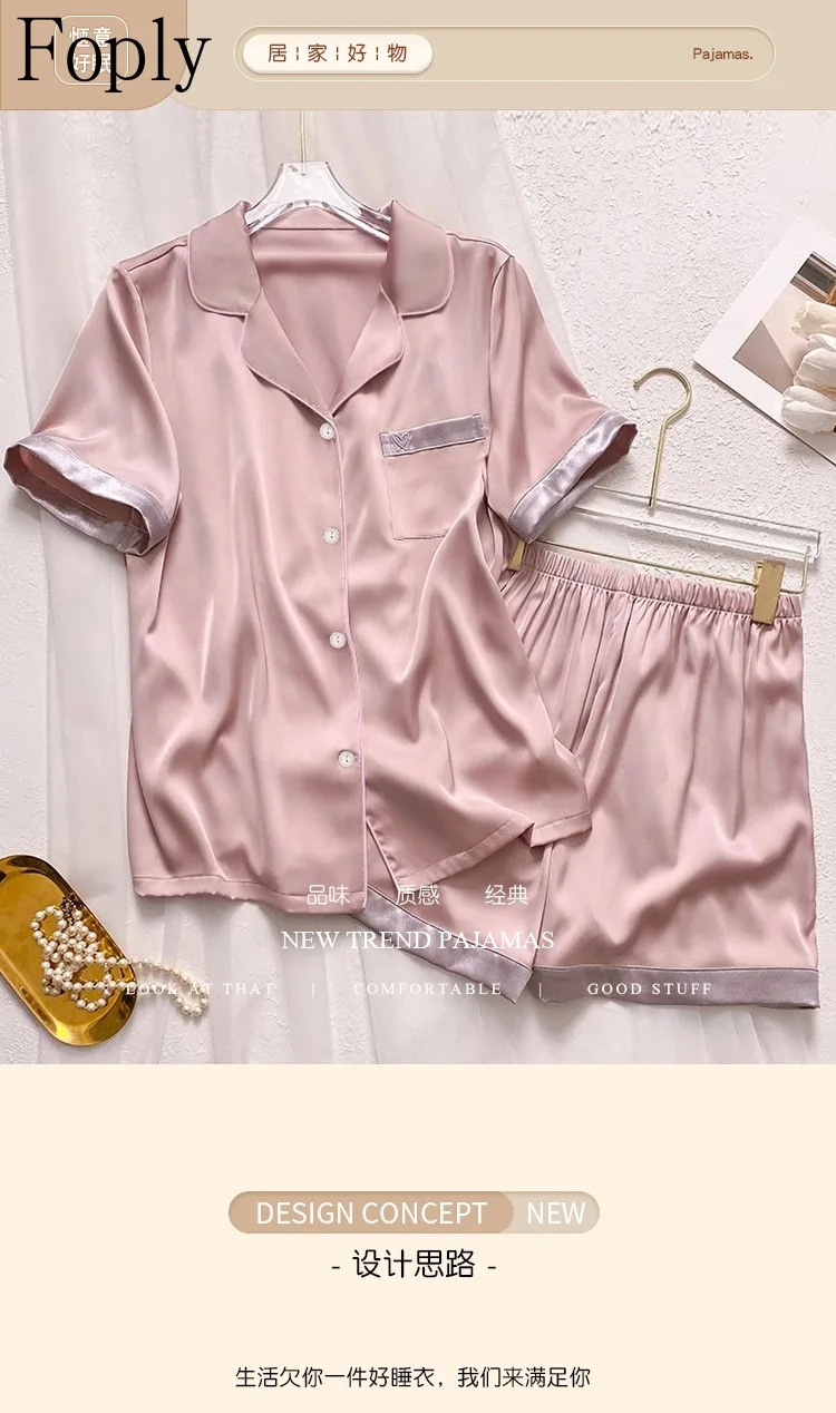 Pocket Heart Print Women Pajamas Set Spring Summer 2 Piece Pyjama Satin Silk Sleepwear Shortsleeve Shorts Pijama Pjs Loungewear