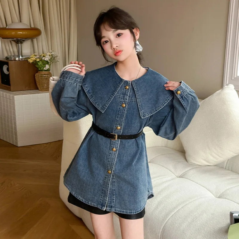 

Платье для девочек 2026: Новинка весны, корейская версия, с воротником-стойкой, джинсовая юбка-рубашка, повседневное, модное, универсальное