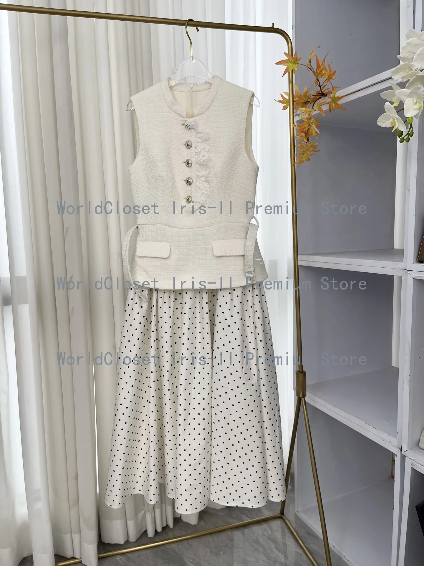 

White Tweed Polka Dot Sleeveless Belted Waist Crystal Buttons Midi Dress and Multi Sets for Women