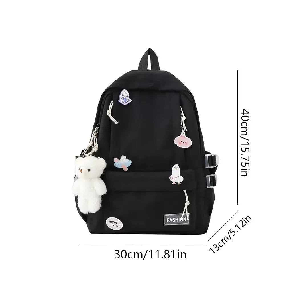 Zaino in tinta unita con ciondolo orso Kawaii Distintivo Borsa da scuola per studenti in stile coreano Borsa da viaggio Borsa a tracolla Borsa da esterno