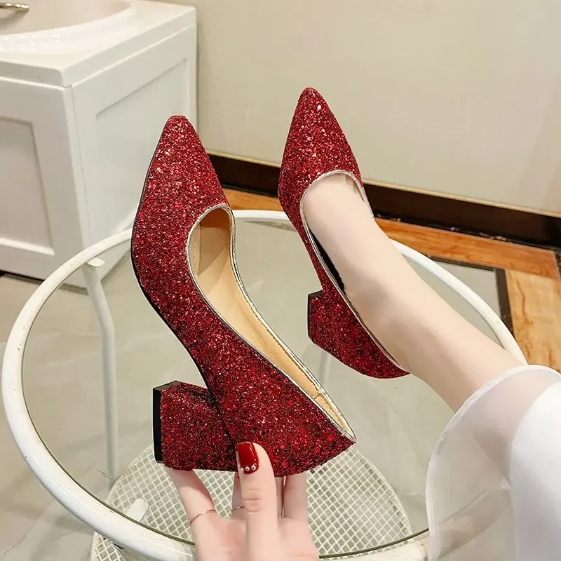 New 2024 Spring Women Pumps Pointed Toe High-heeled Shoes Sequin Women\'s Single Thick Heel Party Wedding Dress Shoes Large Size