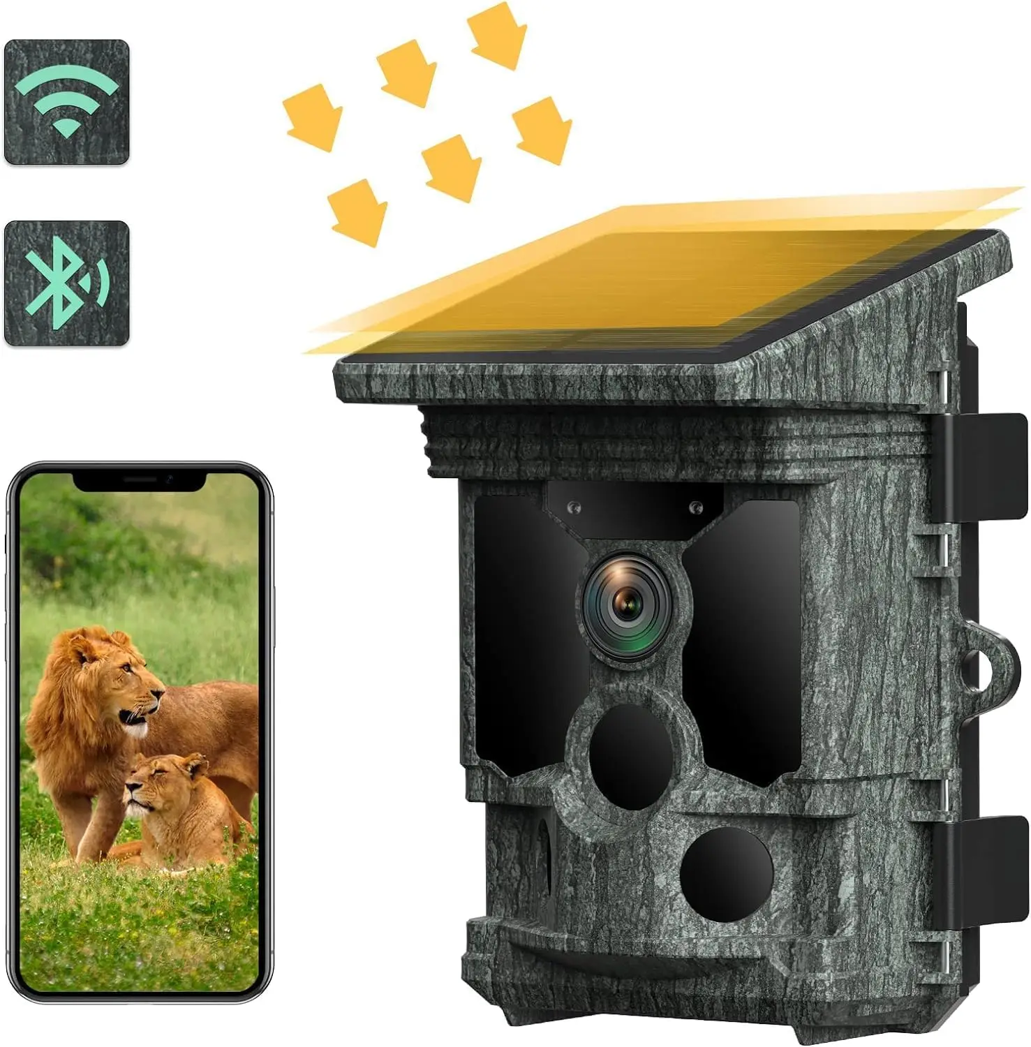 

Camera Solar Powered 46MP 4K Native 30FPS, WiFi Bluetooth Hunting Game Camera with 120°Wide-Angle Motion Activated