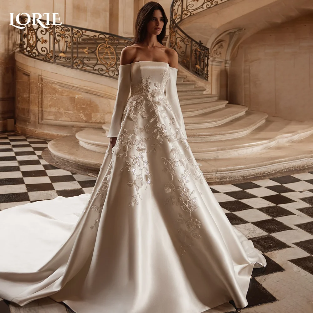 LORIE 3D Flower Vintage Wedding Dresses Off Shoulder A-Line Long Sleeve Bridal Gowns Princess Backelss Bride Dress Customized