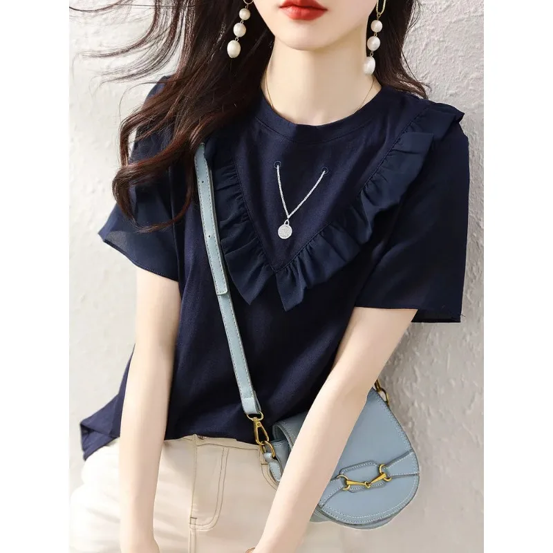 Womens Blue T Shirt With Ruffle Detail Round Neck Short Sleeve Casual Summer Top