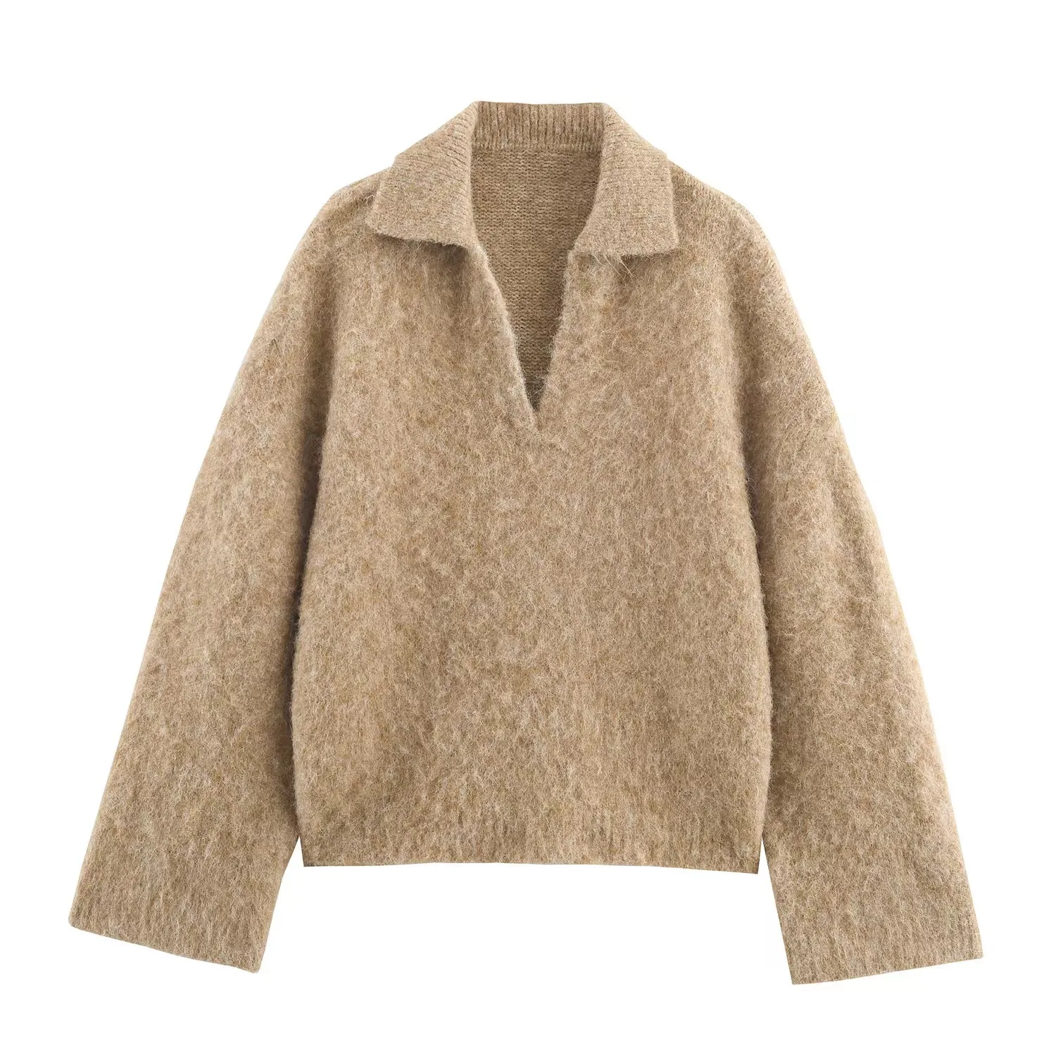 

Khaki Polo Collar Knitted Pullover Chic Long Sleeve Sweater Outerwear