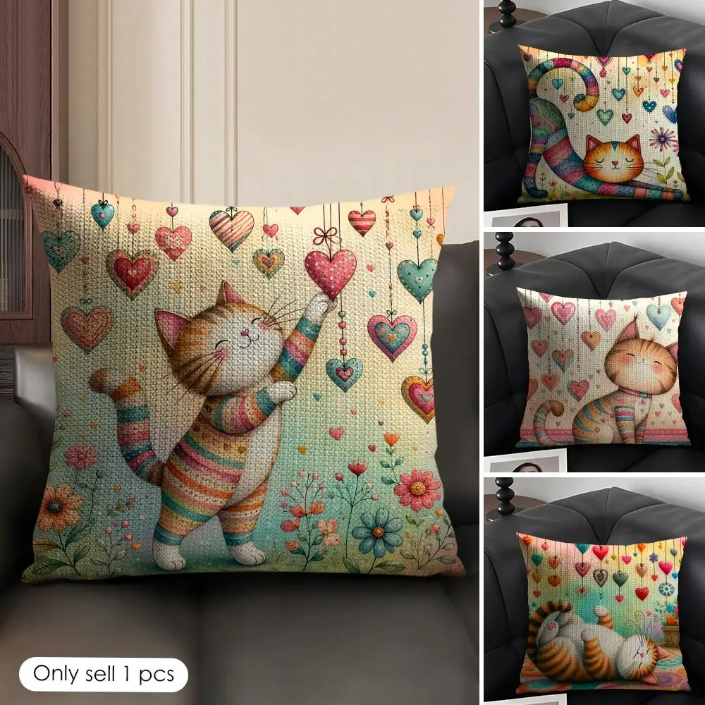 Cute Cartoon Cat Cushion Cover Natural Linen Organic Fabric Double Sided Print Sofa Pillow Case Home Decor Gift