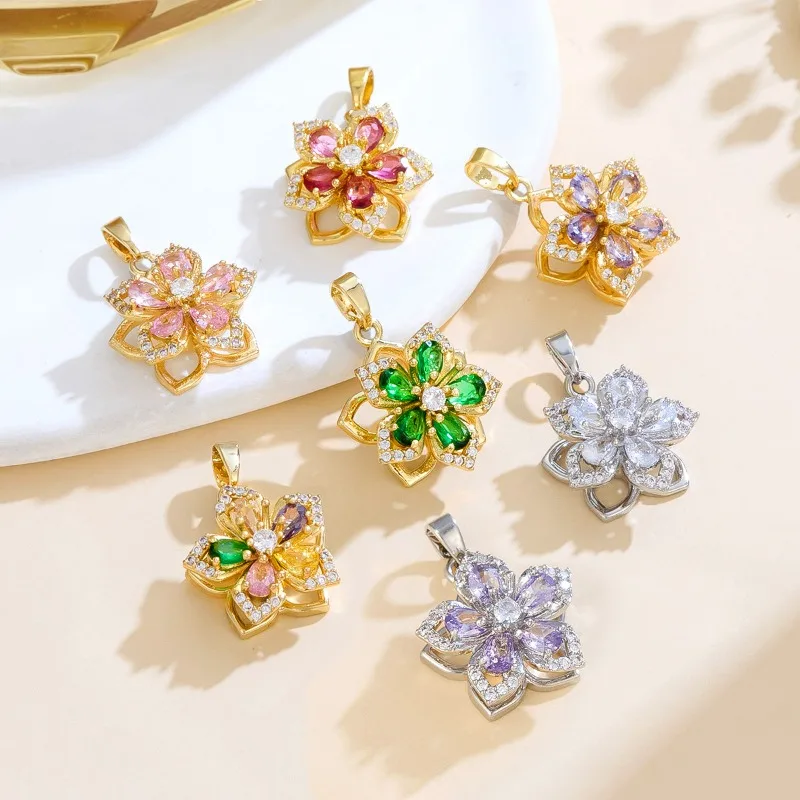 Hot Selling Spin Five Leaf Flower Design Temperament All Kinds of Fashionable Copper Gilt Set Diamond DIY Necklace Accessories