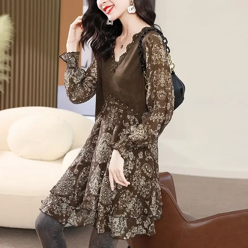 

Vintage Printed Patchwork Midi Shirt Stylish Beading Female Clothing Spring Autumn Commute Lace Elegant V-Neck Loose Blouse L168