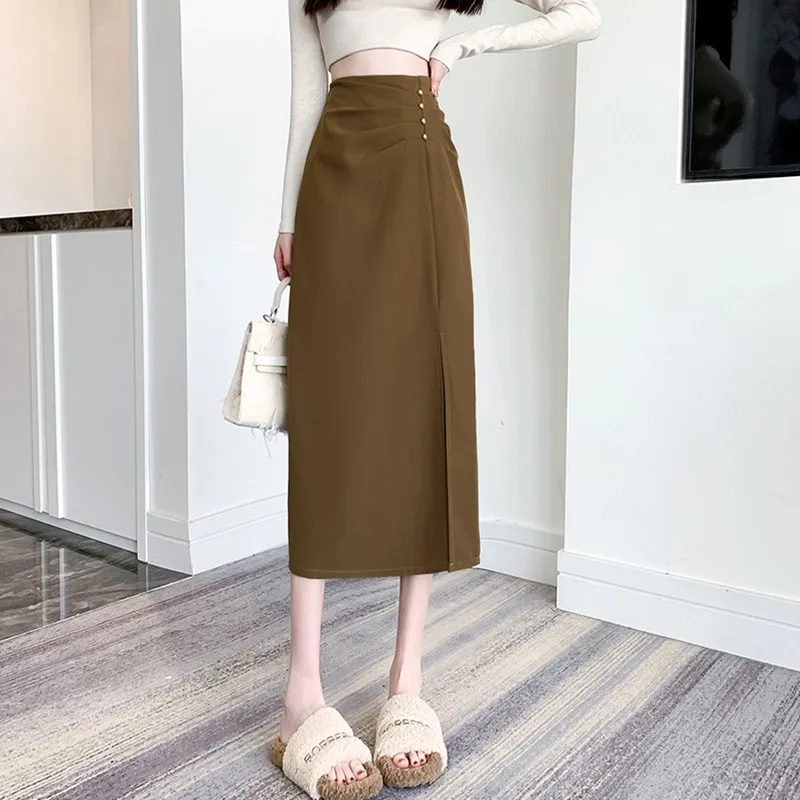 

High Waist Pencil Skirt Women New Arrival 2024 Autumn Solid Color Basics Office Lady Elegant Long Skirts W1909