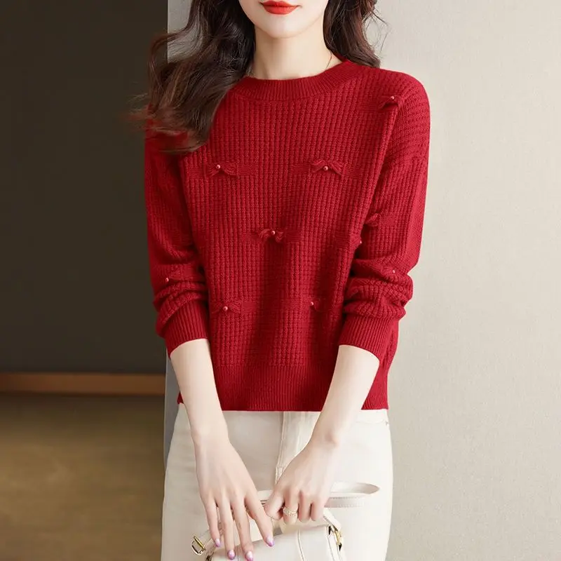 Sweet Fashion Autumn Winter New Sweaters Women\'s Solid O-Neck Bow Screw Thread Korean Casual Long Sleeve Pullovers Knitted Tops