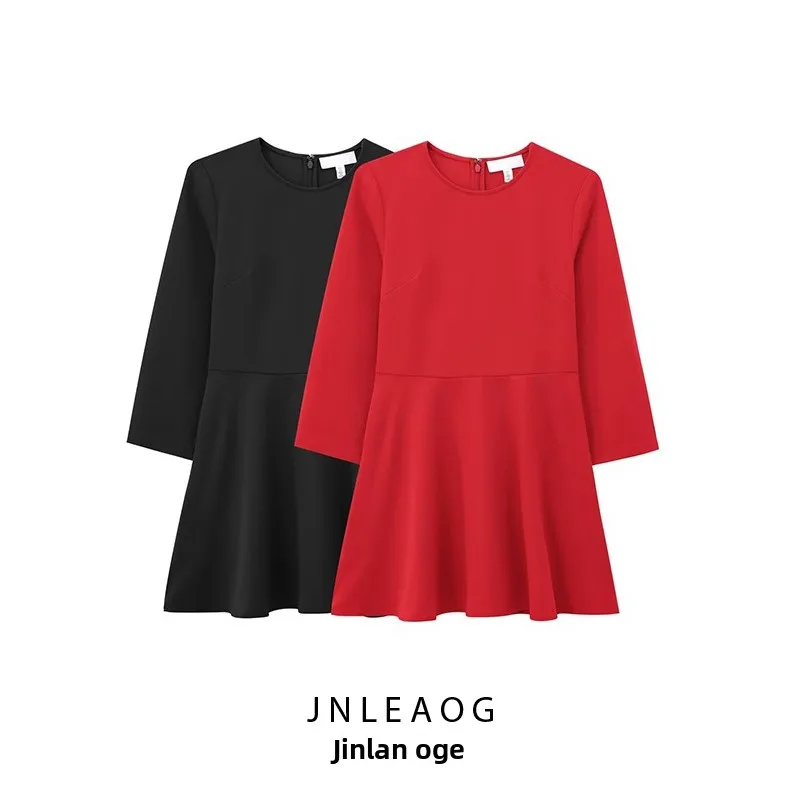 JNLEAOG 新作 レディースファッションデザイン Aラインワンピース フレアスカート裾 斜めストライプ柄 フレンチスタイル 長袖 丸首 カジュアルワンピース