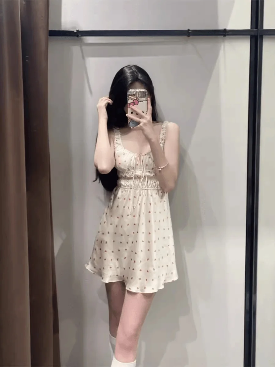 Sweet Floral Print Silk Satin Wrap Dr Women's New Summer Gown Bubble Sve Square Collar A-Line ort Dr Japanese Sle